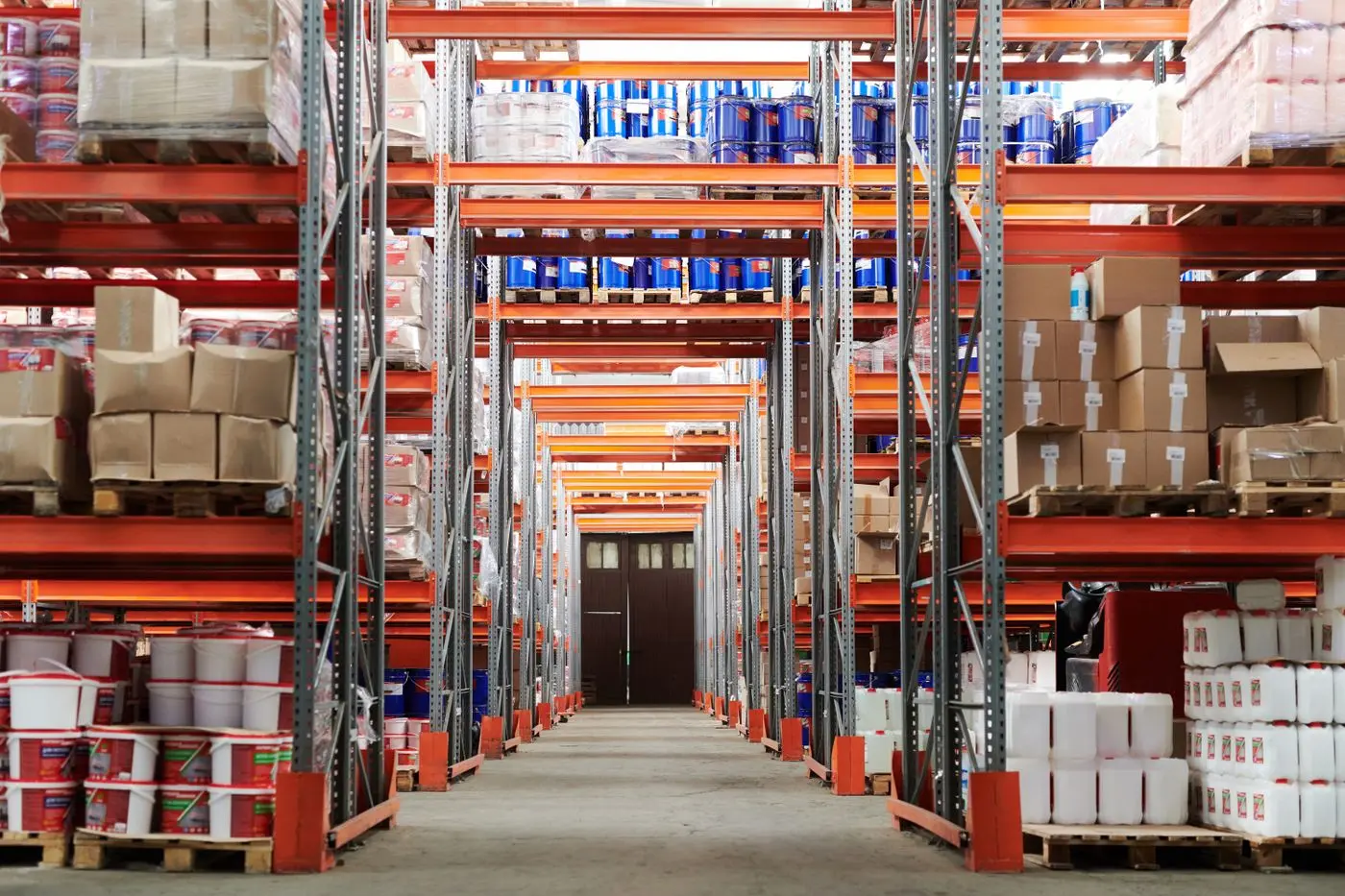 Warehouse aisles stacked with inventory
